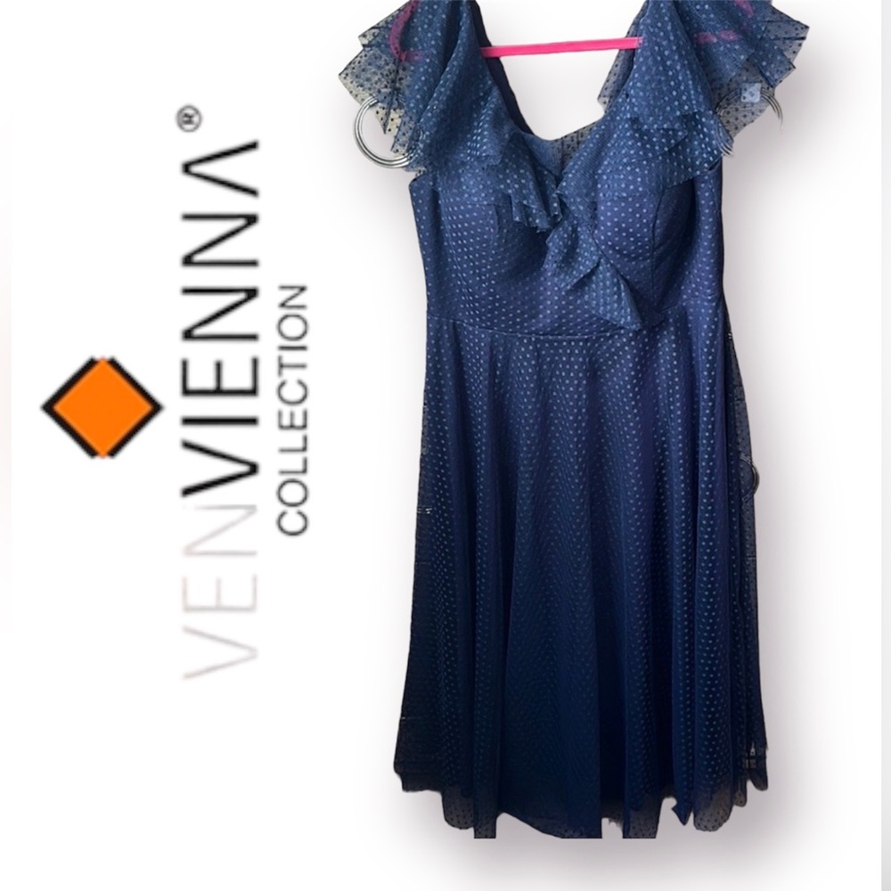 🛍️SALE🛍️ Venvienna Polka Dot Navy Blue Lace Midi Dress with Ruffles Details - Picture 3 of 11